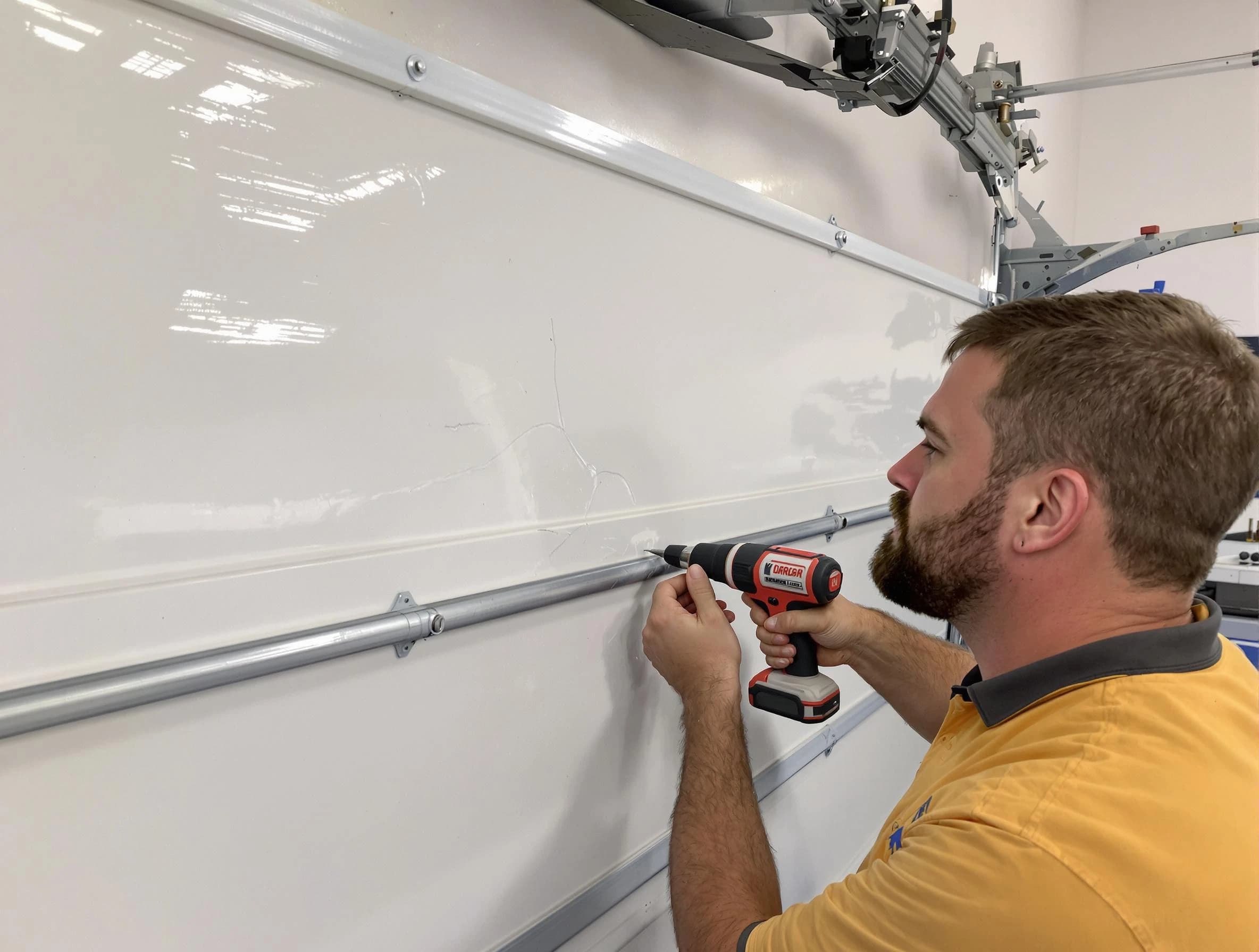 Belmont Garage Door Repair expert performing dent repair on garage door in Belmont