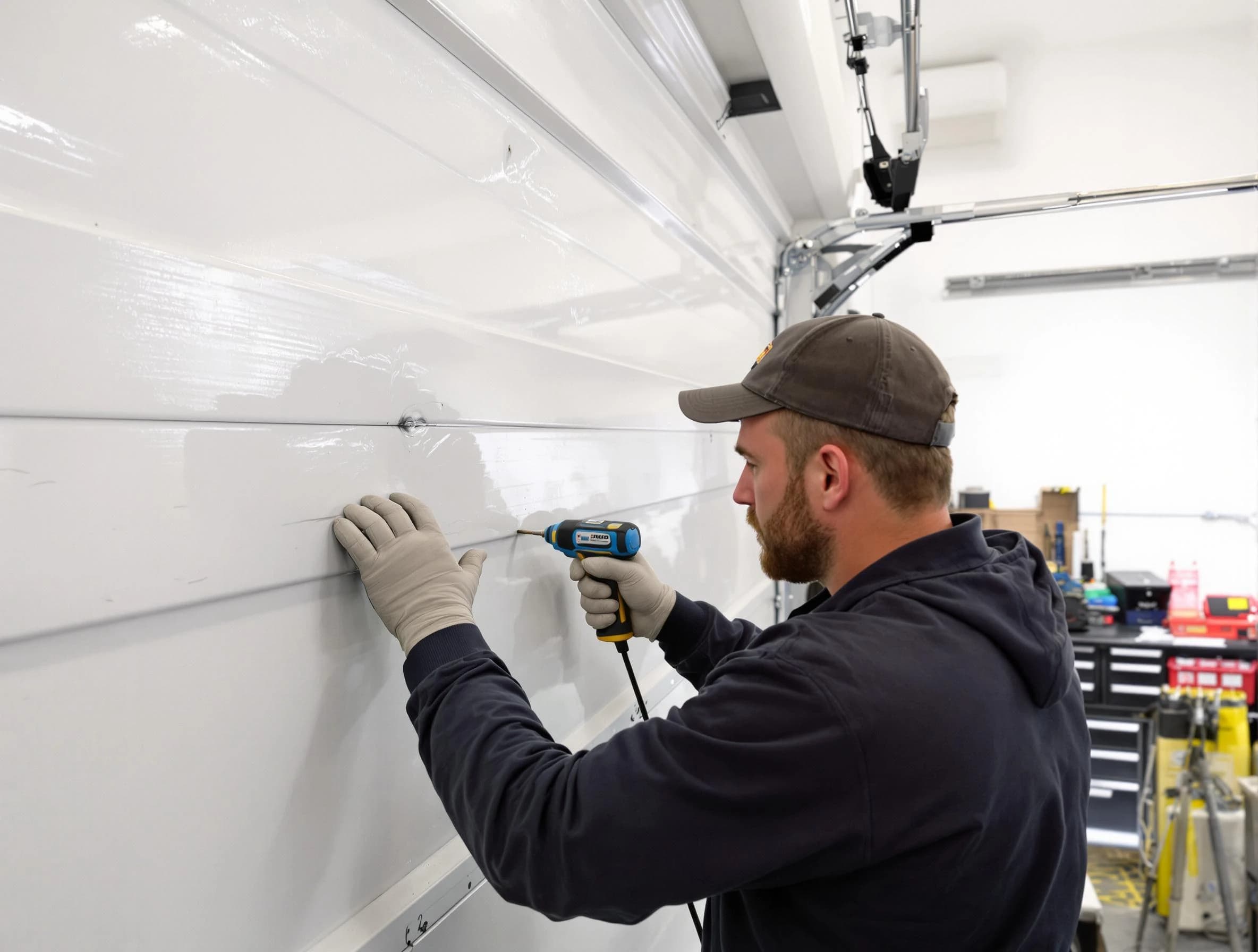 Belmont Garage Door Repair technician demonstrating precision dent removal techniques on a Belmont garage door