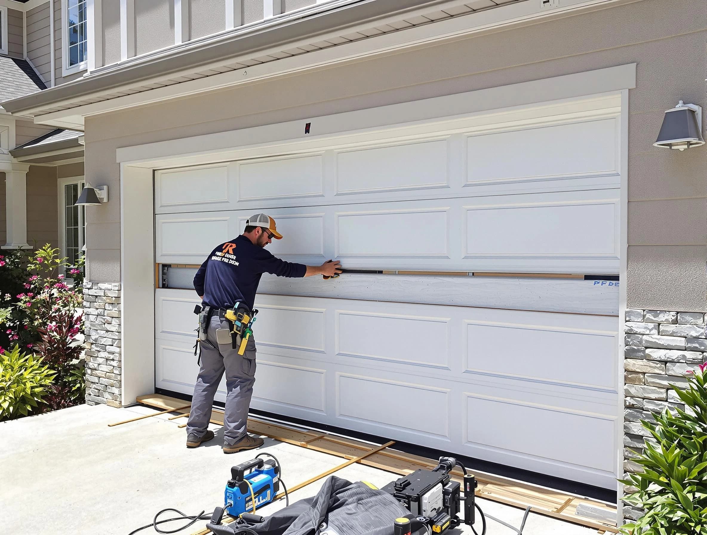 Belmont Garage Door Repair team performing complete garage door replacement at Belmont residence