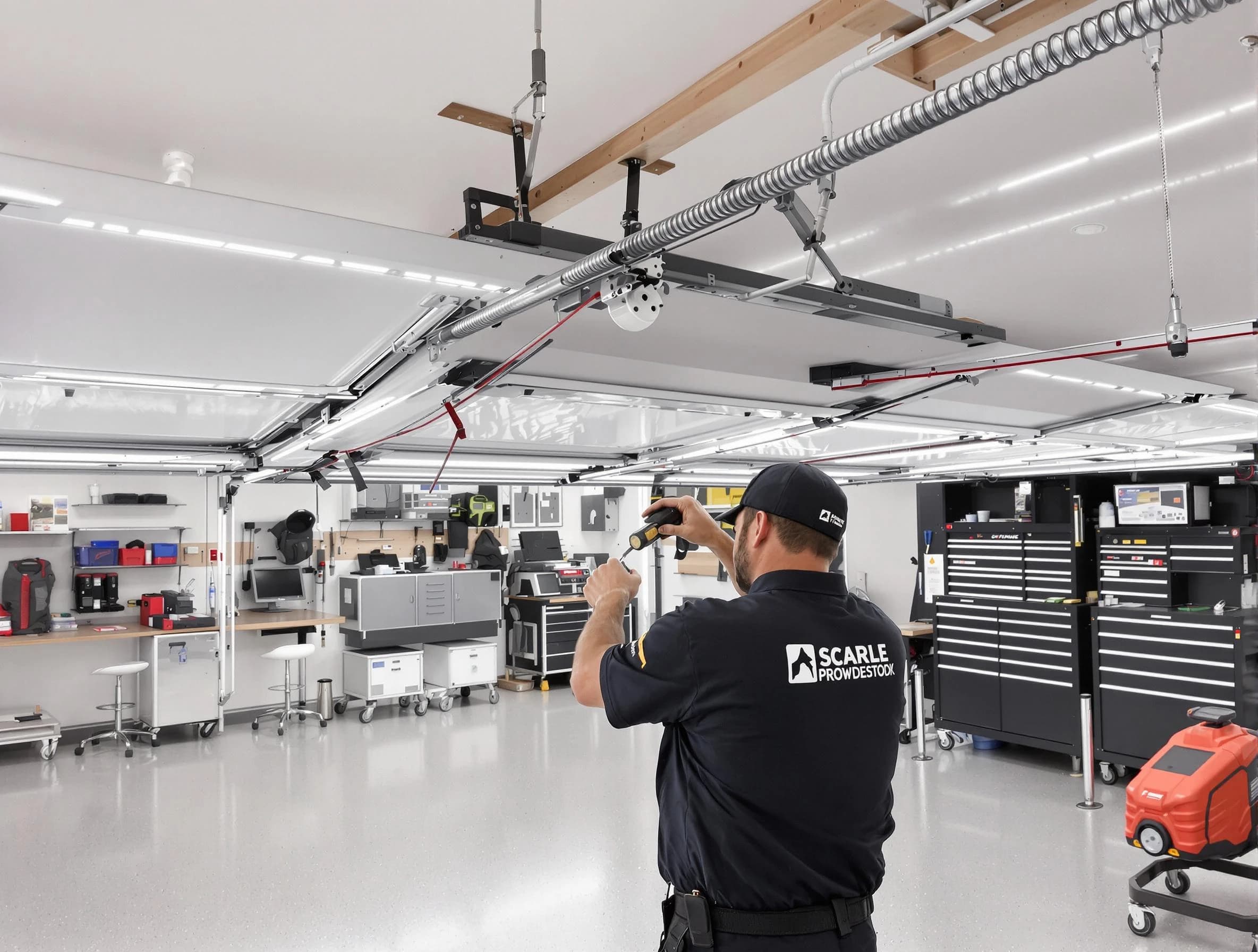 Belmont Garage Door Repair technician repairing overhead garage door in Belmont