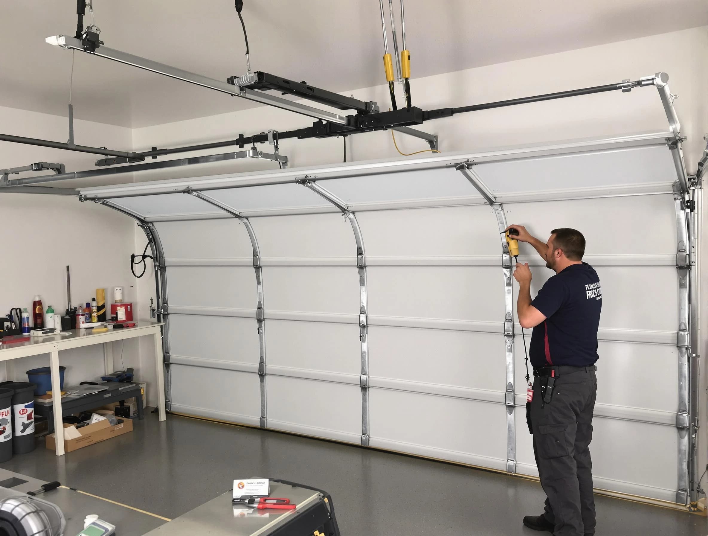 Belmont Garage Door Repair certified technician performing overhead door system repair in Belmont