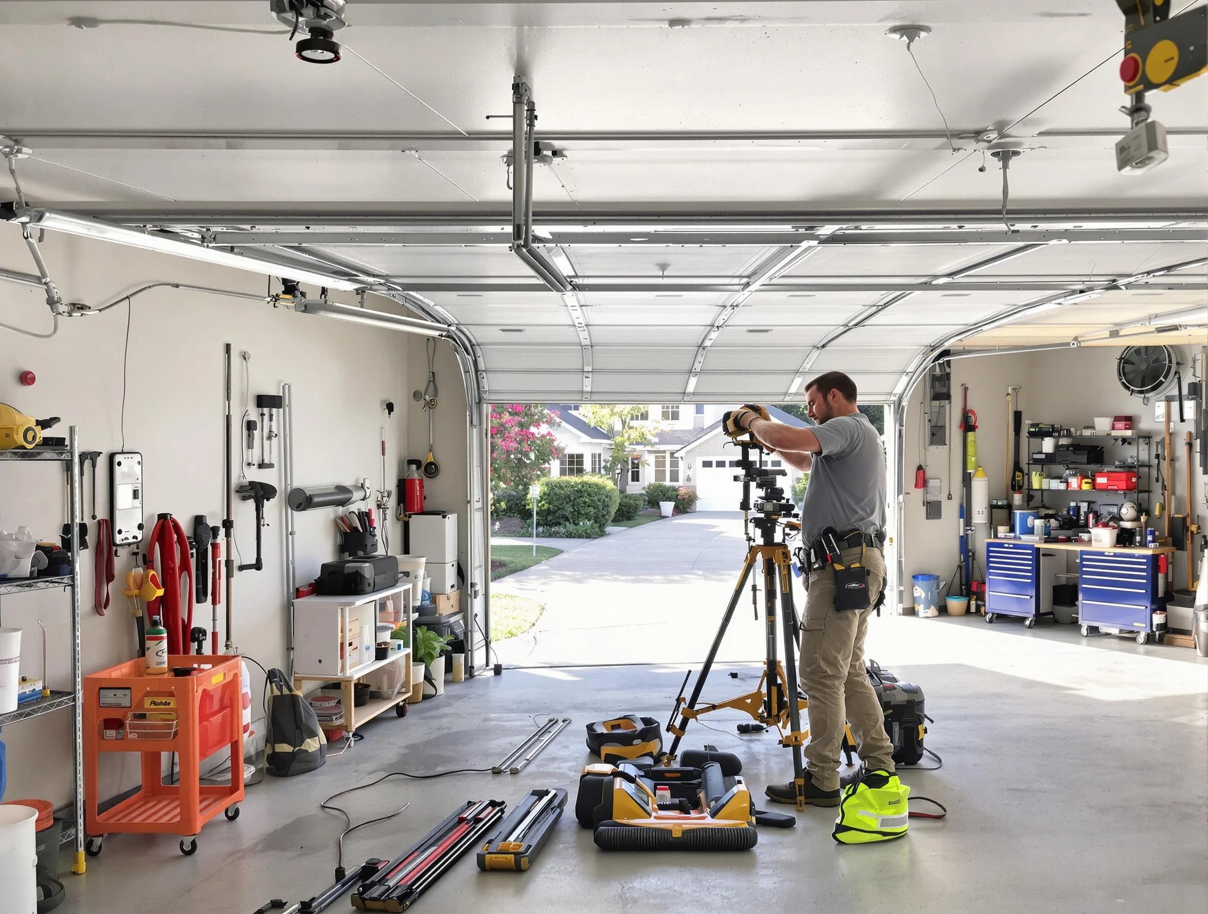 Belmont Garage Door Repair specialist performing laser-guided track alignment in Belmont